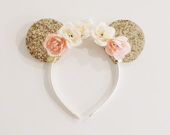 Gold Minnie Mouse Ears on Ivory and Peach Floral Crown Headband