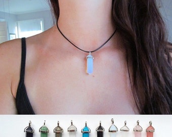 Hexagonal Crystal Choker Pendant Necklace On Black Cord
