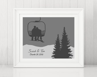 Chair Lift Couple ~ Snowboard Art ~ Snowboard Couple on Chairlift ~ Custom Snowboard Art Print ~ Snowboard Poster ~ Gift for Snowboarders