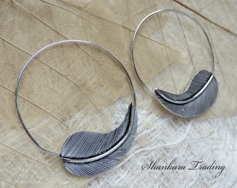White Brass Tribal Earrings, Feather Earrings, Tribal Brass Earrings, Gypsy Hoop Earrings, Tribal Jewelry, Tribal Feather Earrings, Boho