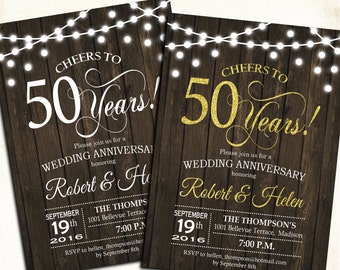 50th Anniversary Invitation / Wood Printable Rustic / Glitter Gold / Fairy String Lights / Digital Printable Invitation / Customized