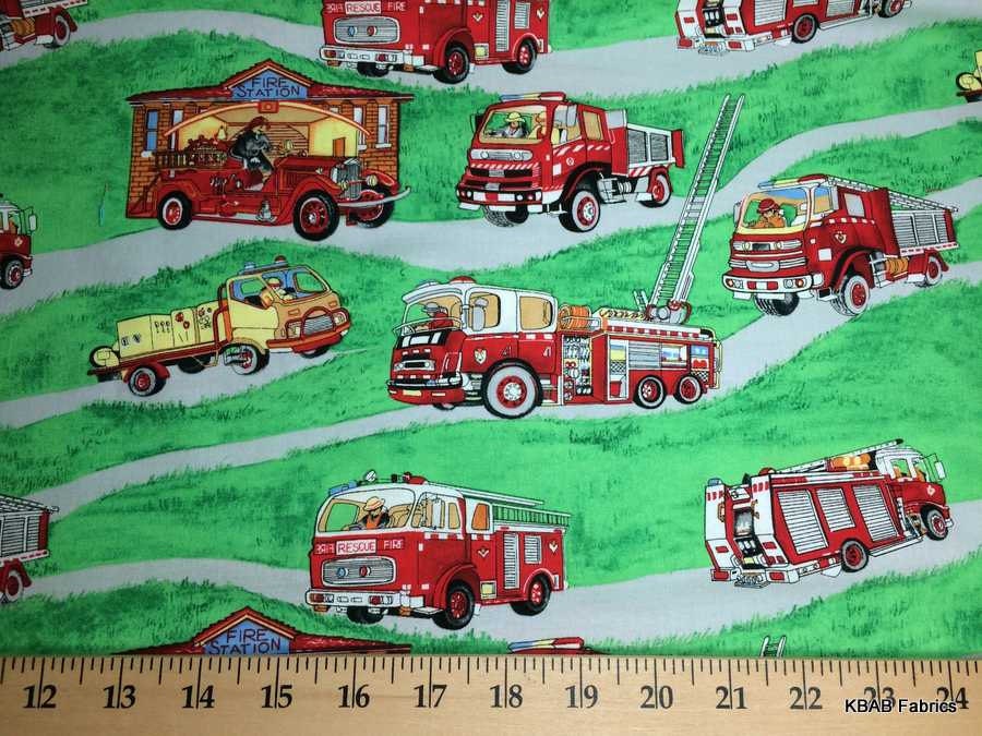 Fire Truck Station Fabric Trucks Firemen Red Green by kbabFabrics