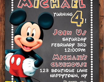Mickey Mouse Invitation, Mickey Mouse Invite, Disney Mickey Mouse Birthday Party, Chalkboard Invitation, Mickey Mouse Clubhouse Invite