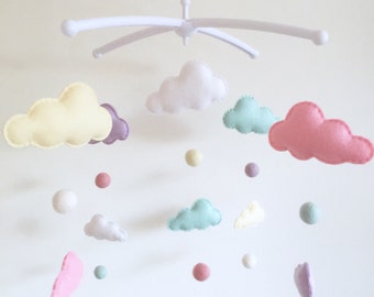 Pastel Clouds Musical Cot Mobile, Pastel Baby Mobile, Felt Cloud Nursery Mobile, Nursery Decor, Felt Baby Mobile, Musical Cot Mobile, Pastel