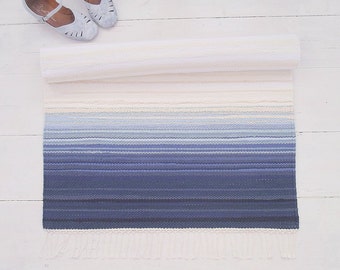 Rag rug, white and blue cotton rug, blue ombre rug, handmade, reversible, woven on the loom, made to order