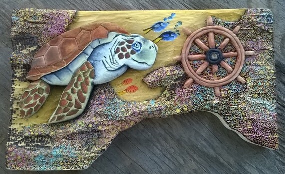 Sea Turtle Captain Sea Life Wood Carving Relief Carving