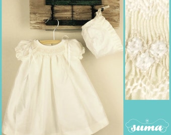 Ivory Christening Dress with Bonnet Shantung Fabric, Baptism Dress, Ivory Baby Dress, Girl Blessing Dress, Dedication Dress, Baby Gown