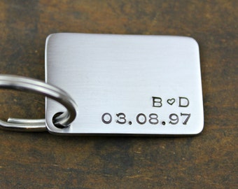 GROOM GIFT or 11th ANNIVERSARY Keychain Wedding Date and Initials Hand Stamped Stainless Steel