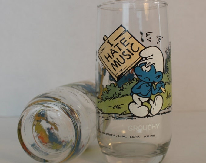Vintage Grouchy Smurf Drinking Glasses Set of 2