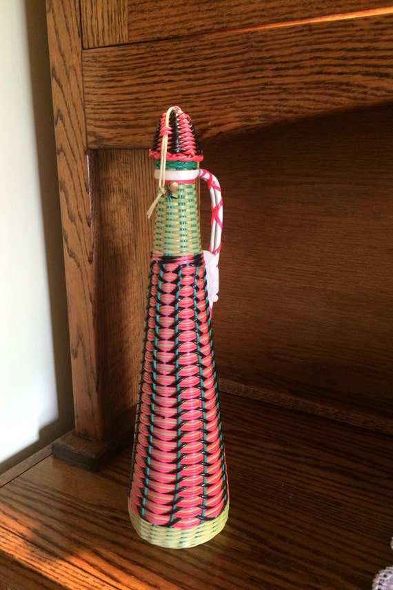 Vintage Hand Woven Spanish Demijohn Colorful Folk Art Wrapped