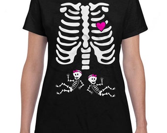 Twin Pregnant Halloween Costume Pregnant Skeleton Shirt Maternity Skeleton T Shirt Girl Twins Pregnancy Announcement Shirt Ladies SPT-02