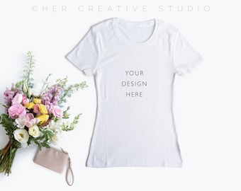 T Shirt Mockup | White T Shirt with clutch and Florals | Styled Photography | Digital Image