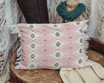 Boho Throw Pillow Cover in Pink White, 12x18 Rectangle Pillow, Cushion Cover, Bohemian Pillow Case, New Home, Housewarming Gift