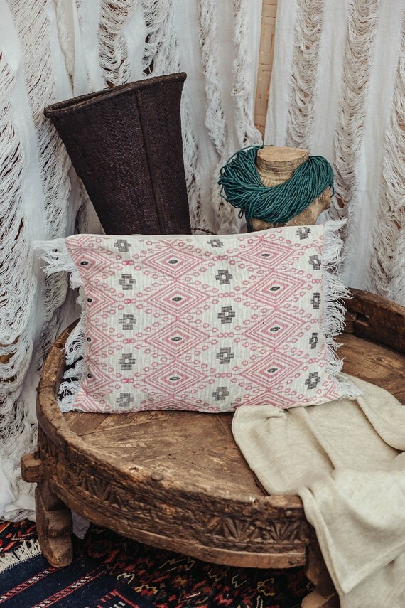 Boho Throw Pillow Cover in Pink White 12x18 Rectangle Pillow