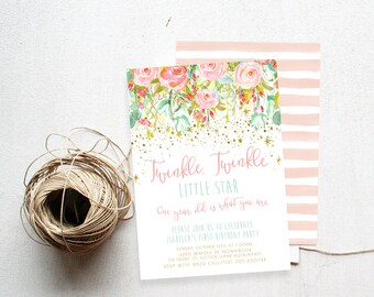 Twinkle Twinkle Little Star Birthday Invitation, Watercolor, Printable Invite (776)