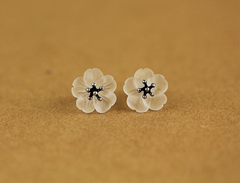Cherry Blossom Earrings Crystal Flower Sterling Silver Stamens