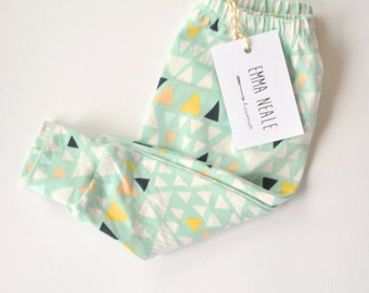 Trendy Baby Harem Leggings. Unisex Baby Leggings. Super Soft Baby Harems. Handmade in the UK. Green Harems for Babies. Handmade leggings.