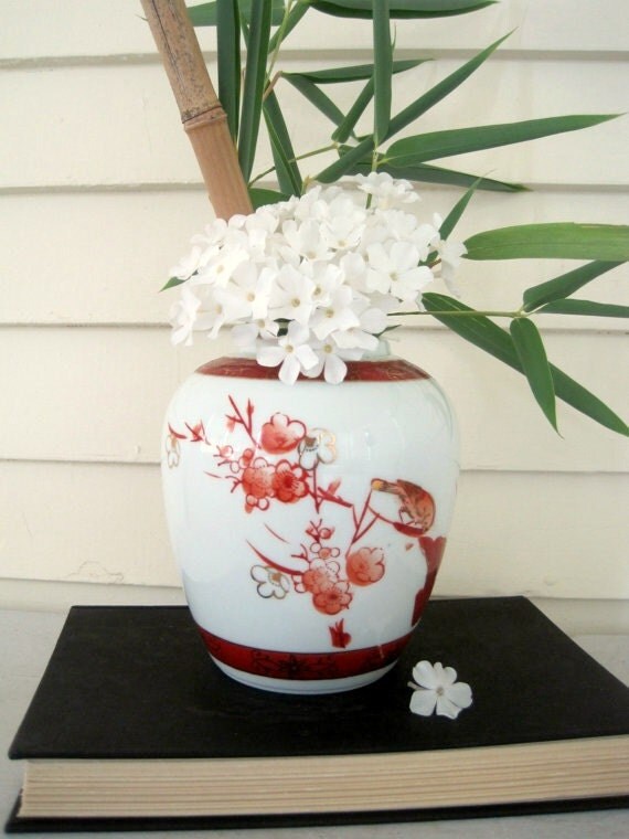 Vintage Japanese Ginger Jar Hand Painted Flower Vase Asian
