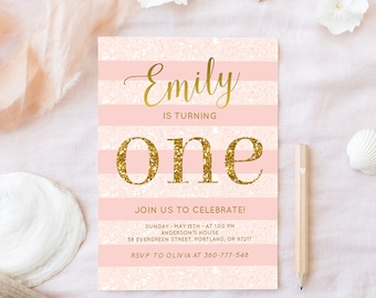 Pink And Gold Birthday Invitation Baby Girl First Birthday Party Invite Blush Pink And Gold Invite Glitter One Invitation Printable Digital