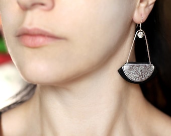 Abstract earrings Contemporary jewelry Modern earrings Statement jewelry Long earrings Black and silver Earrings women Jewelry gift for her