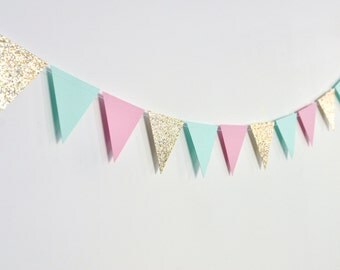 Pink Mint Gold Flag Bunting, Paper Garland, Birthday Party Decor, Wedding Decor, Shower Decor, Nursery