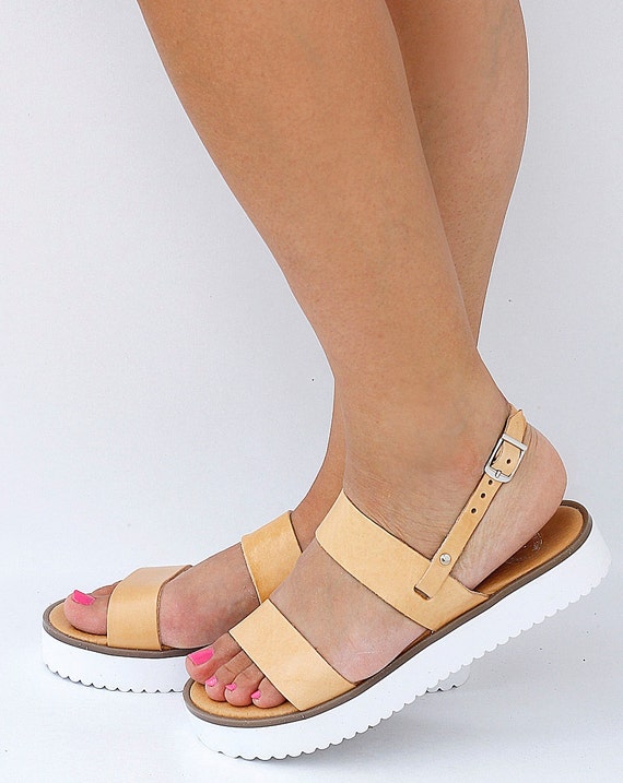 Women Leather Sandals with White Rubber Sole in Natural Tanned