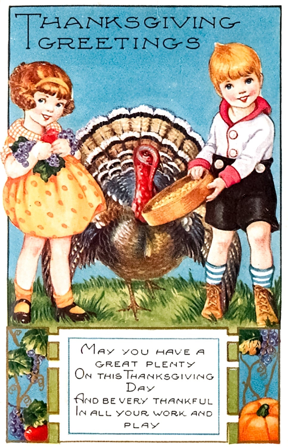 Vintage Thanksgiving Children Turkey Postcard Instant Art