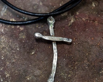 Men's cross necklace, Oxidized sterling silver cross ,Silver Cross Necklace, Cross Necklace with genuine black cord ,Christian jewelry
