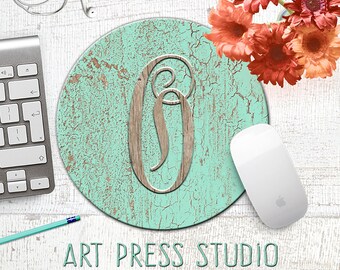 Monogrammed Initial Crackled Wood Mousepad, Distressed Turquoise Wood, Initial Monogram Mouse Pad, Shabby Chic Mousepad, Boho Chic Mouse Pad
