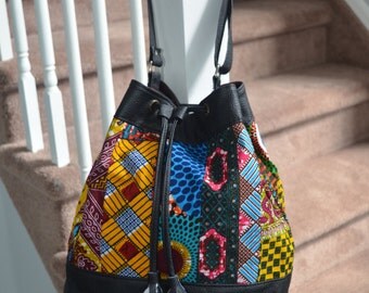 African print Fabric and Leather draw string bag- "Omolade" Collection-