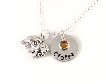 Personalized elephant necklace, name necklace, Swarovski birthstone, hand stamped name, gift for her, birthstone jewelry, elephant jewelry
