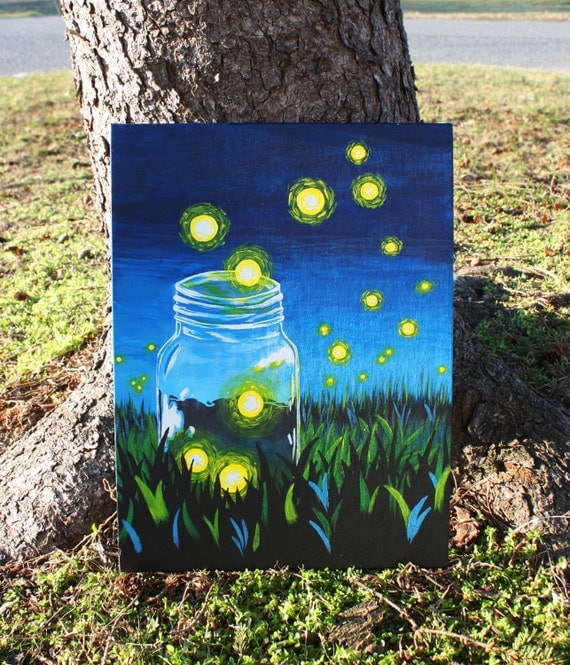 Whimsical Firefly Mason Jar Acrylic Painting on Canvas