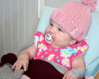 Loopy Mango oversized beanie baby pink merino knitted girl, 100% merino, pompon, baby girl, 6 months, pink, original look,winter, gift