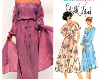 70s Vogue American Designer Original 1895 Edith Head Boho Maxi Dress in Two Lengths with Stole, Uncut, Factory Folded, Sewing Pattern Size 8