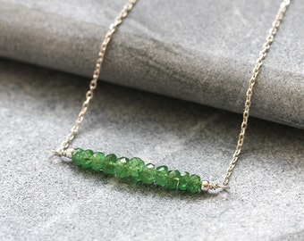 Rare Tsavorite Garnet Necklace, Natural Green Garnet Bar Necklace, Sterling Silver, Handmade UK, January Birthstone, Gift for Her