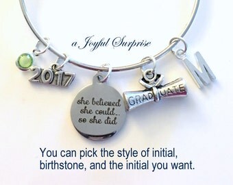 Graduation Gift for Her, Charm Bracelet High School College Grad 2017 Silver Bangle Jewelry She believed she could so she did 2016 2018