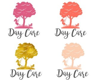 Diseño de logotipos personalizados guardería oro logo, diseño de logo que hace pivotar chica, niño árbol insignia, diseño de logotipo niña oscilación, perro lindo logo de chica swing