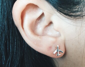 Sterling silver airplane ear studs, Silver airplane ear studs, Airplane earrings, Cartilage ear stud, Tiny airplane earrings (ES132)