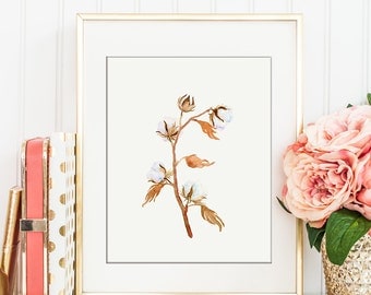 Watercolor painting of cotton bolls branch printable, instant download, wall art