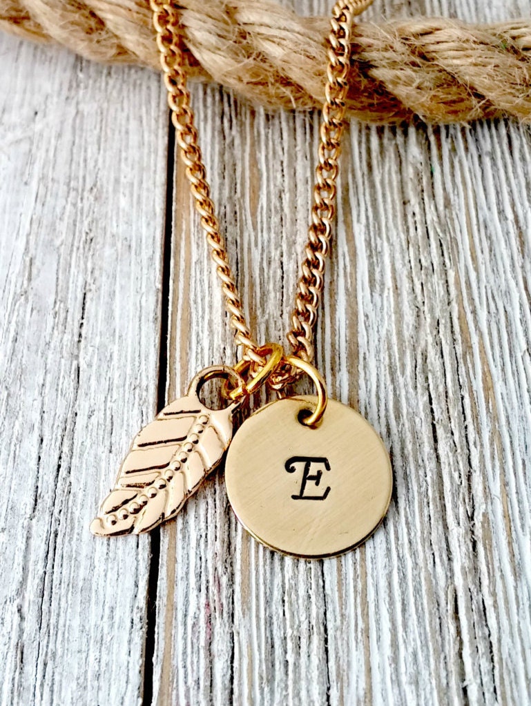 Personalized, Hand Stamped, Initial Necklace, Gold, Leaf