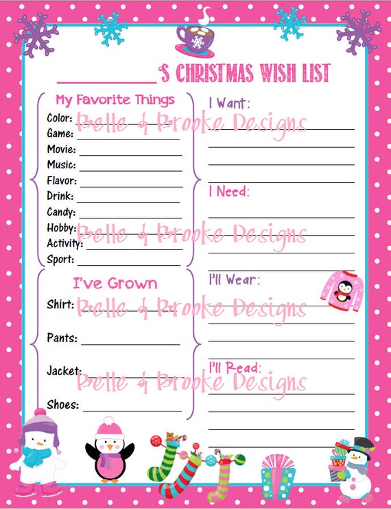 Kids Christmas Wish List Printable Pink and Purple