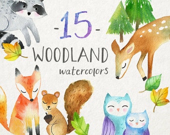 Woodland Animals Clipart | Watercolor Forest Animals Clip Art - Baby Fox, Deer, Owl, Squirrel, Raccoon - Instant Download PNG File