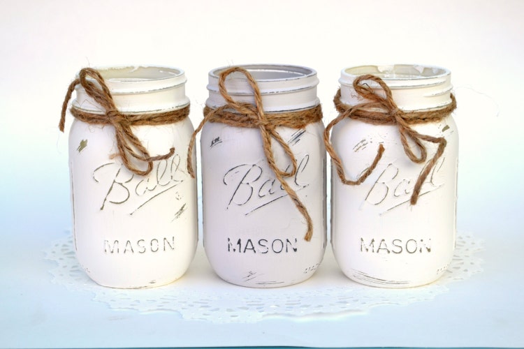 White Gray Jars Painted Mason Jars Mason Jar by PaintedPaintbrush