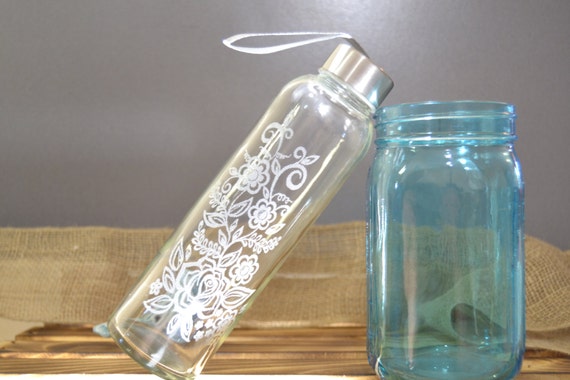 Etched Glass Water Bottle With Floral Design