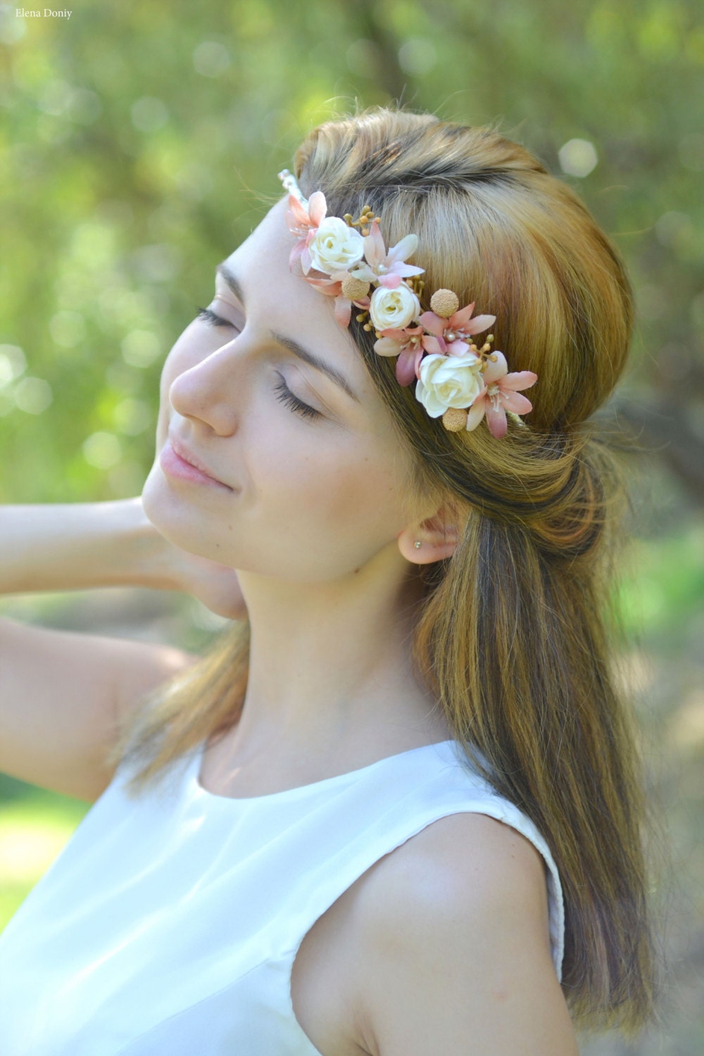 Wedding flower headband Boho Bridal floral crown Ivory beige