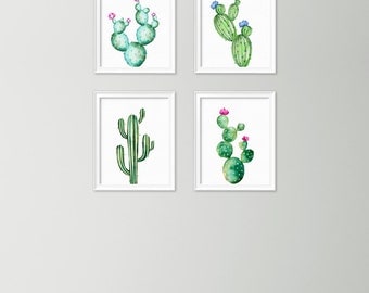 Cactus print set - Printable cactus set of 4 - Botanical prints - Cactus poster - Watercolor prints - Cactus wall art - Digital art