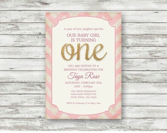 1st Birthday Invitation, Baby Girl, Pink & White Chevron, One, Purple, Girl First Birthday Invite, One Year Birthday, Digital, Printable