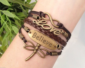 Dragonfly Bracelet, Believe Jewelry, Antique Bronze Bracelet, Love Jewelry, Brown Wax Cord Bracelet, Infinity Charm, Word, Wrap
