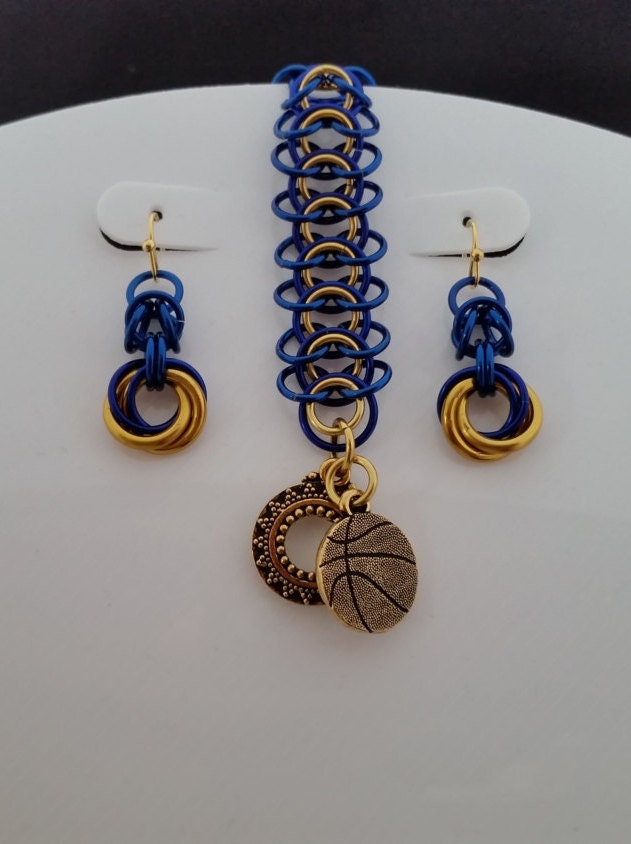 Basketball Jewelry Blue and Gold Bracelet Blue Earrings 35