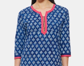Indigo Hand block printed Ethnic Indian Tunic/ Kurti